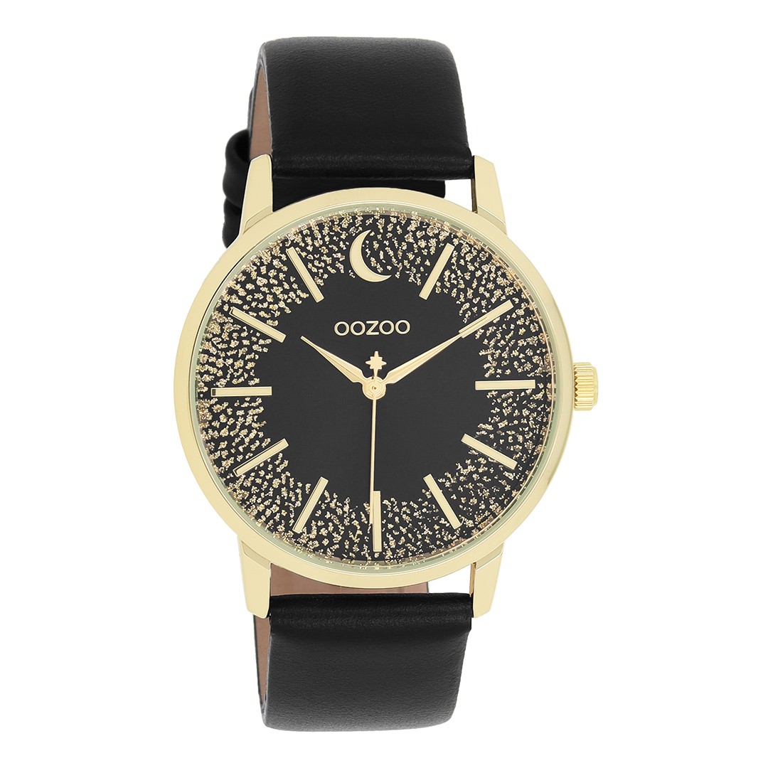 Gold coloured OOZOO watch with black leather strap - C11044