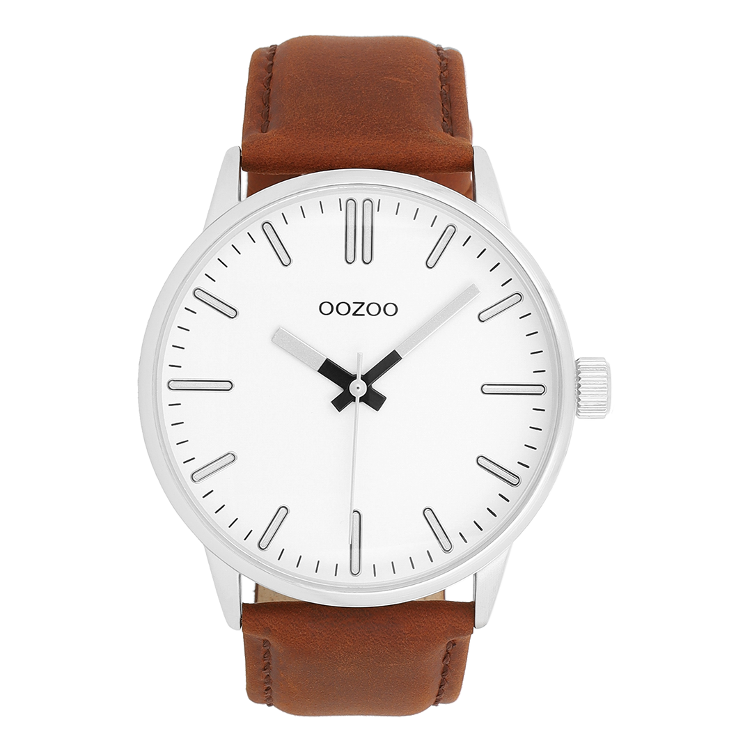Silver coloured OOZOO watch with brown leather strap - C11513