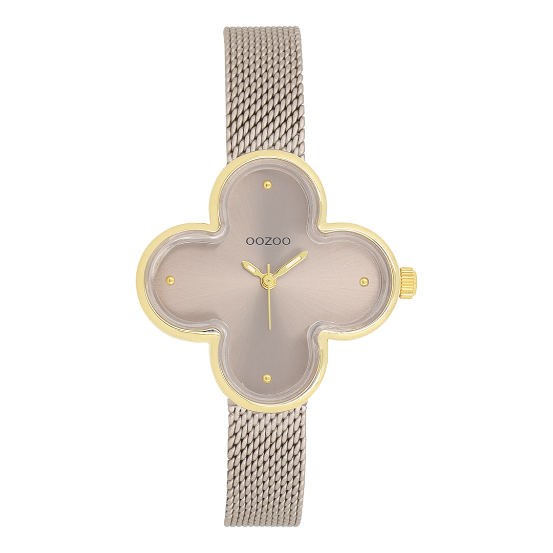 Gold coloured OOZOO watch with taupe metal mesh bracelet - C11528