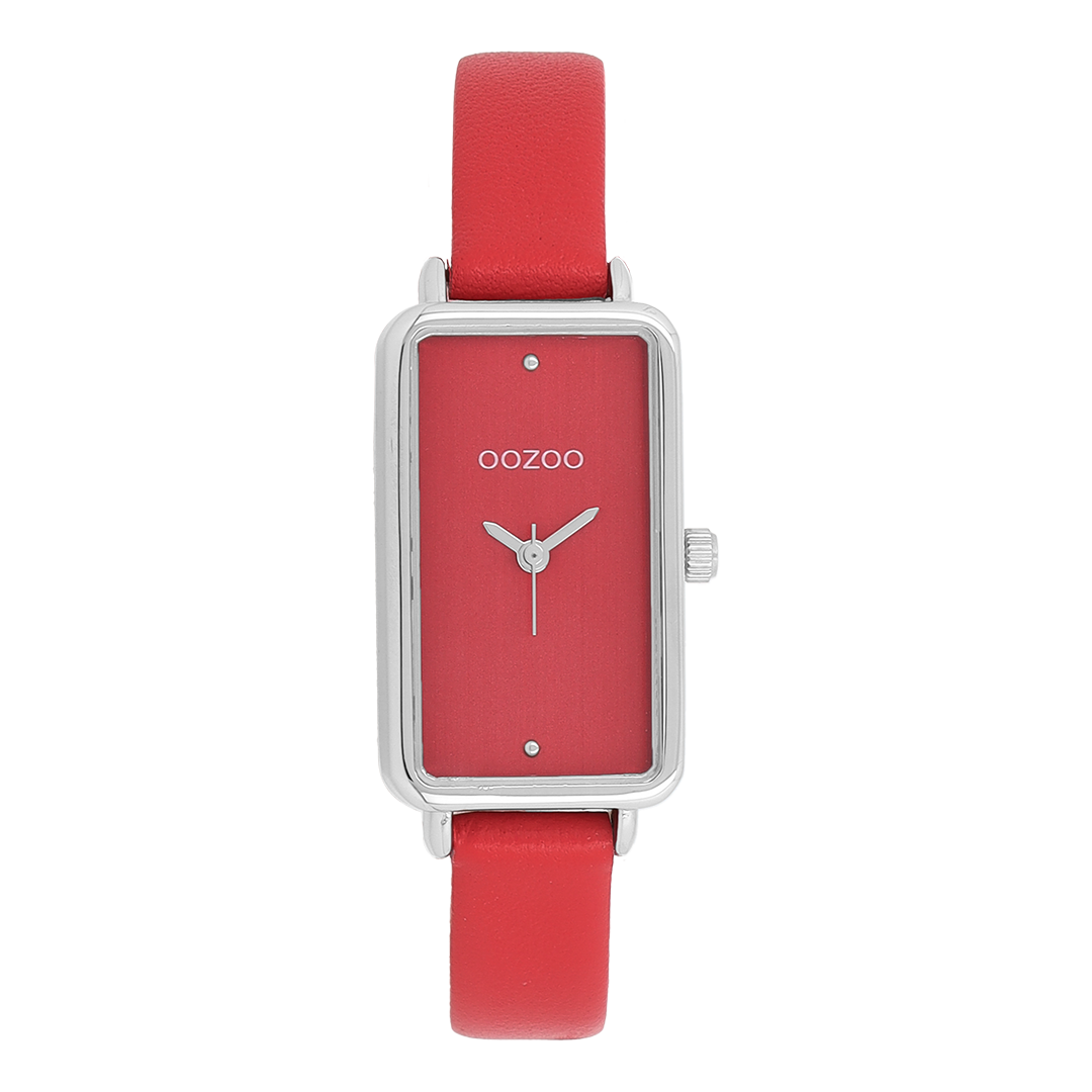 Silver coloured OOZOO watch with red leather strap - C11532