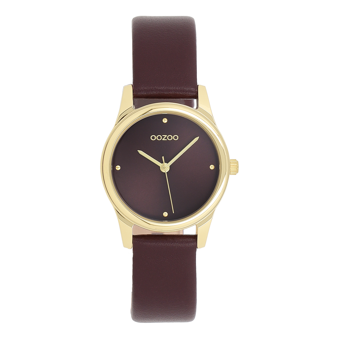 Gold coloured OOZOO watch with fig red leather strap - C11627