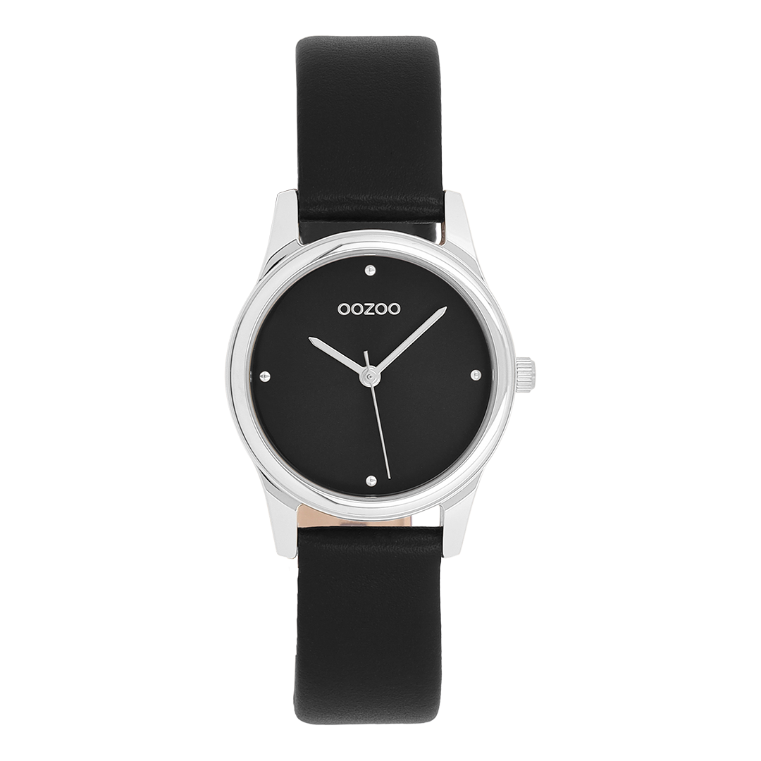 Silver coloured OOZOO watch with black leather strap - C11628