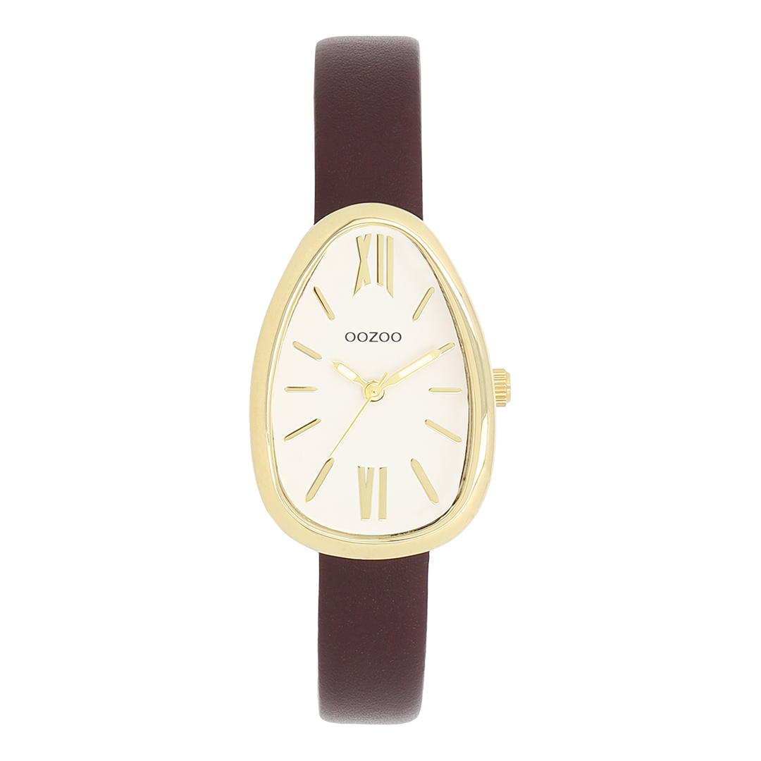Gold coloured OOZOO watch with fig red leather strap - C11635