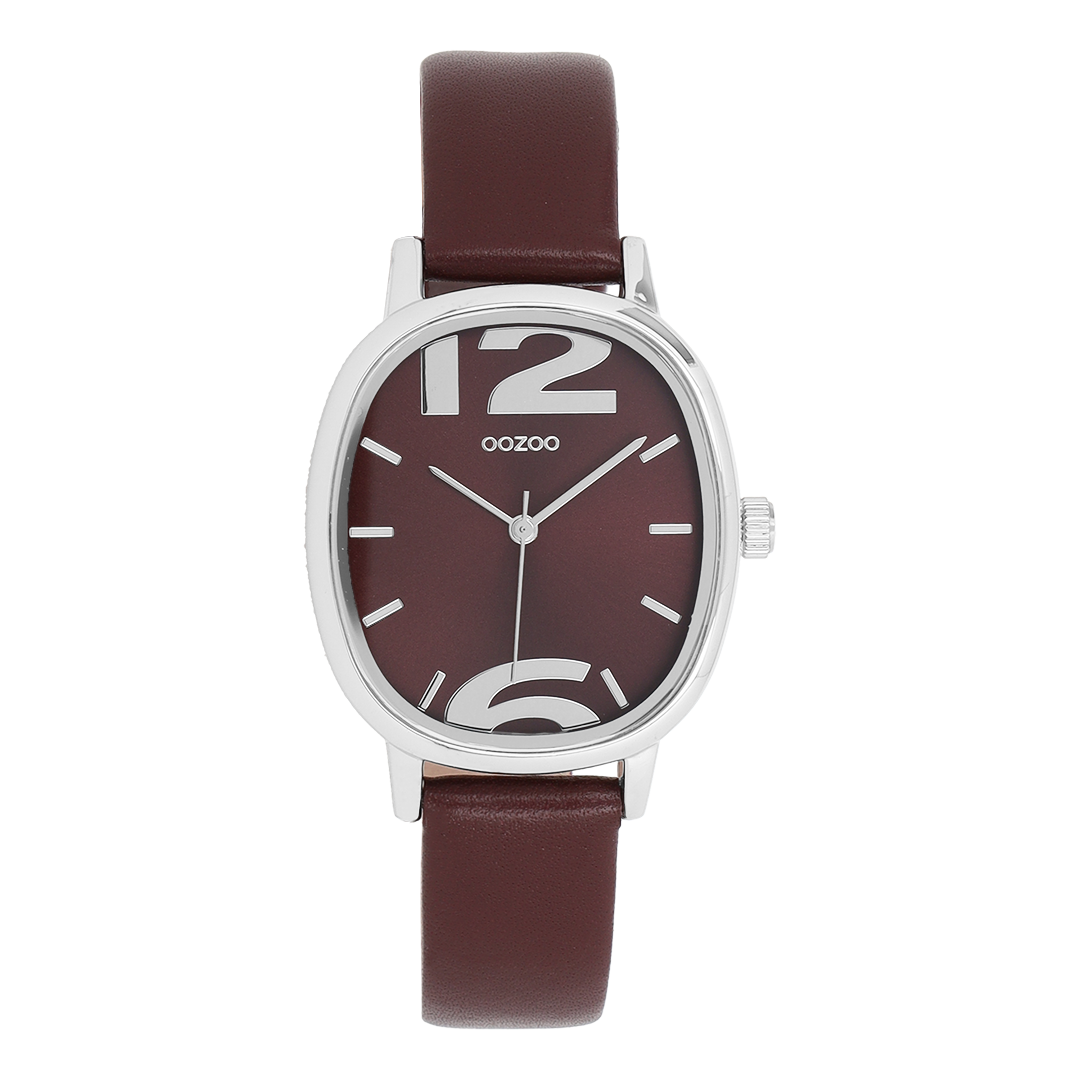 Silver coloured OOZOO watch with bordeaux leather strap - C11720