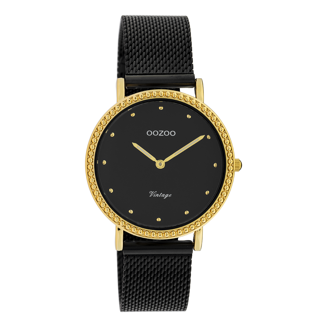 OOZOO Montre en couleur or avec bracelet en mesh en noir - C20058