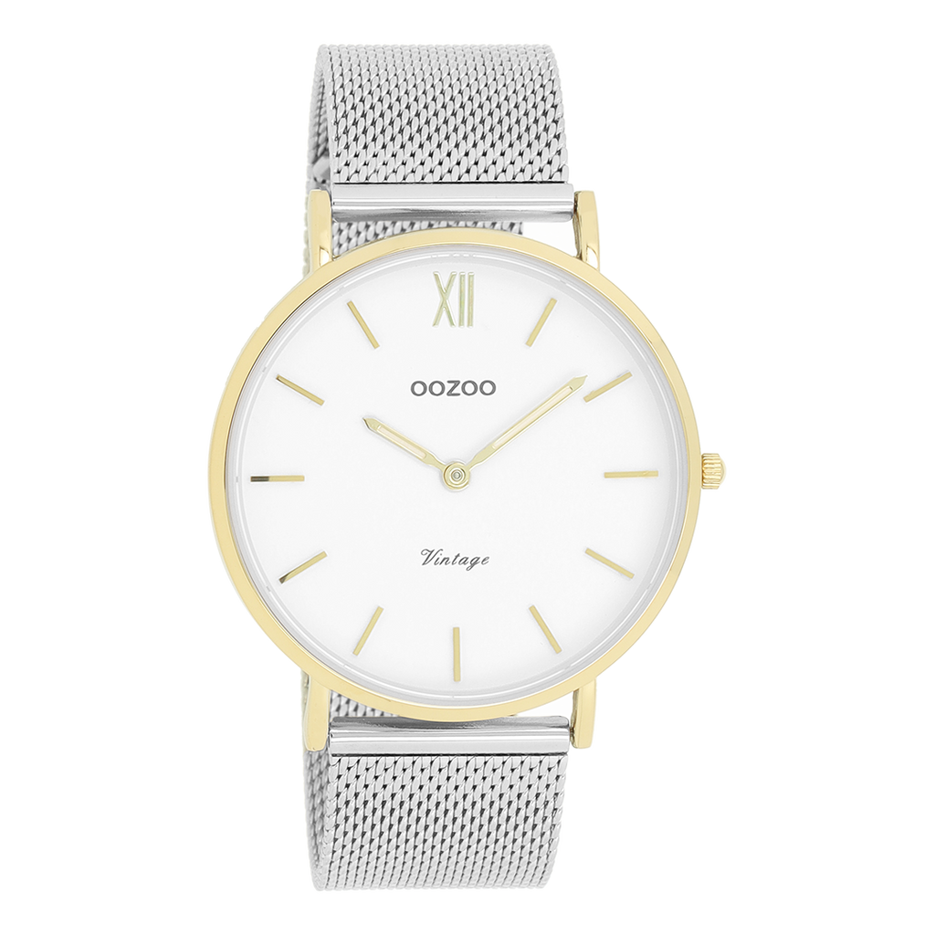 OOZOO Montre en couleur or avec bracelet en mesh en couleur argent - C20116