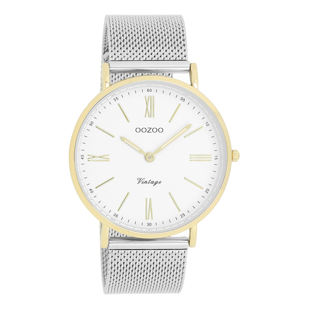 OOZOO Montre en couleur or avec bracelet en mesh en couleur argent - C20118