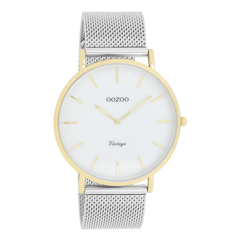 OOZOO Montre en couleur or avec bracelet en mesh en couleur argent - C20119