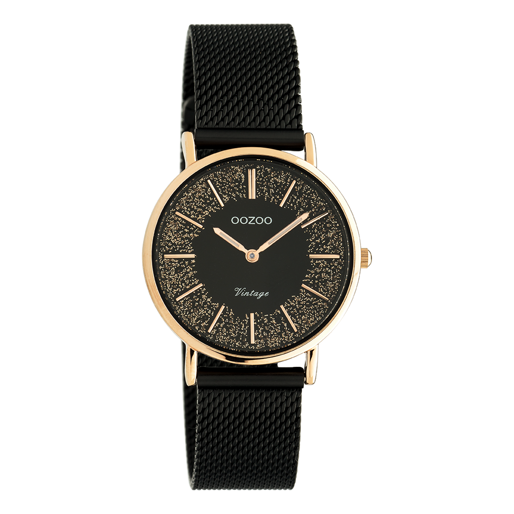 Rose gold coloured OOZOO watch with black metal mesh bracelet - C20143