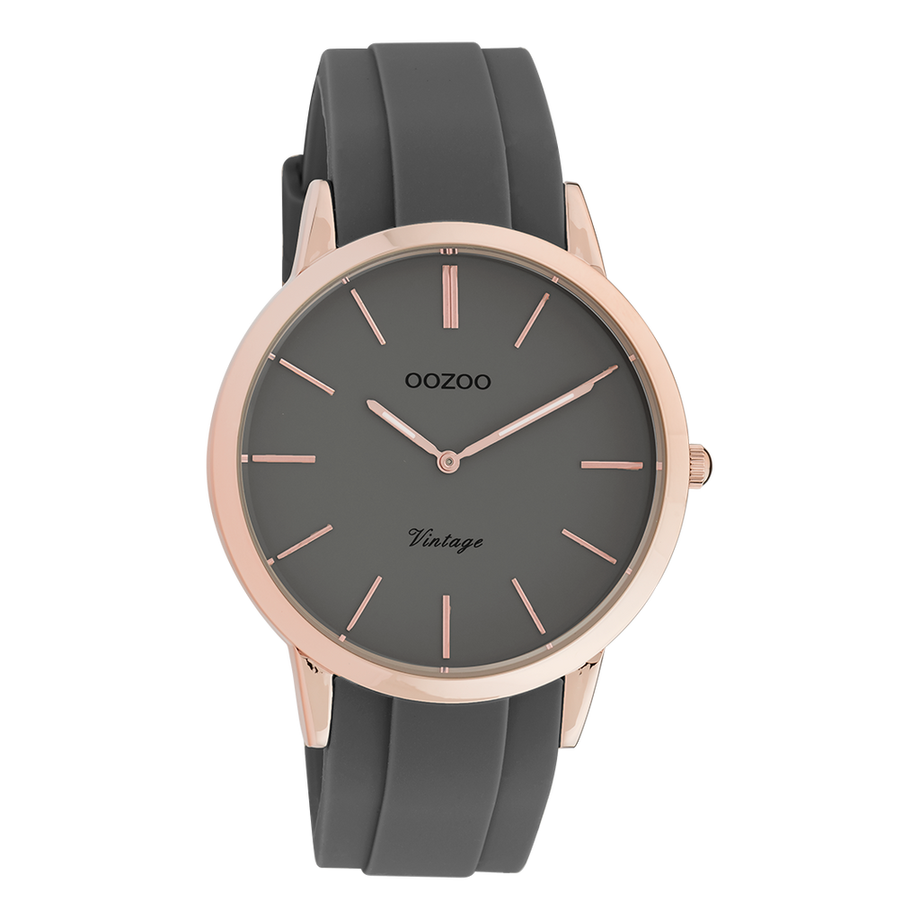 OOZOO Montre en couleur or rose avec bracelet en caoutchouc en gris foncé - C20172