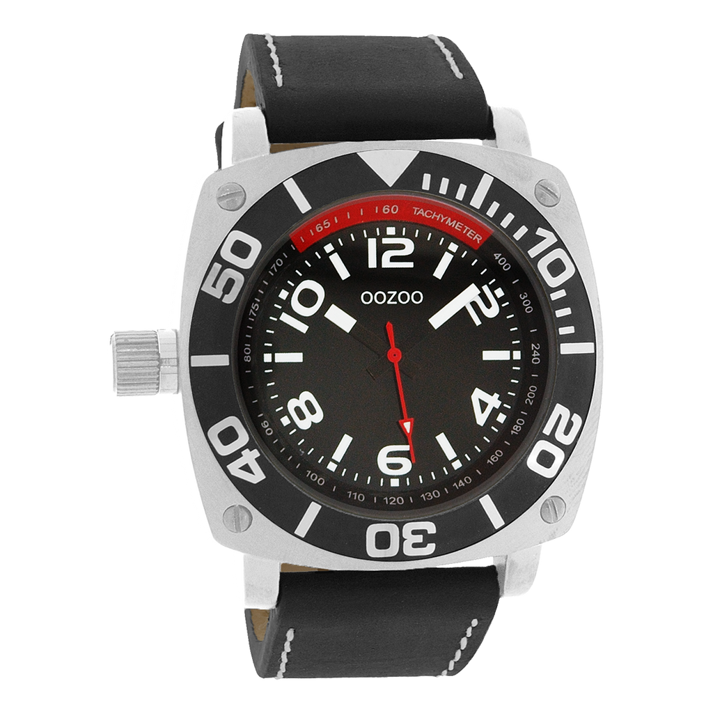 OOZOO Montre en couleur argent avec bracelet en cuir en noir - C2281