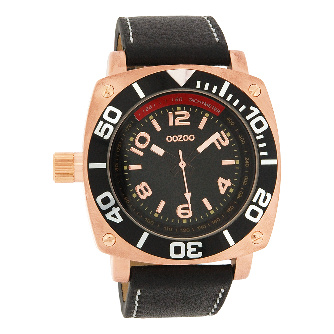 OOZOO Montre en couleur or rose avec bracelet en cuir en noir - C2282