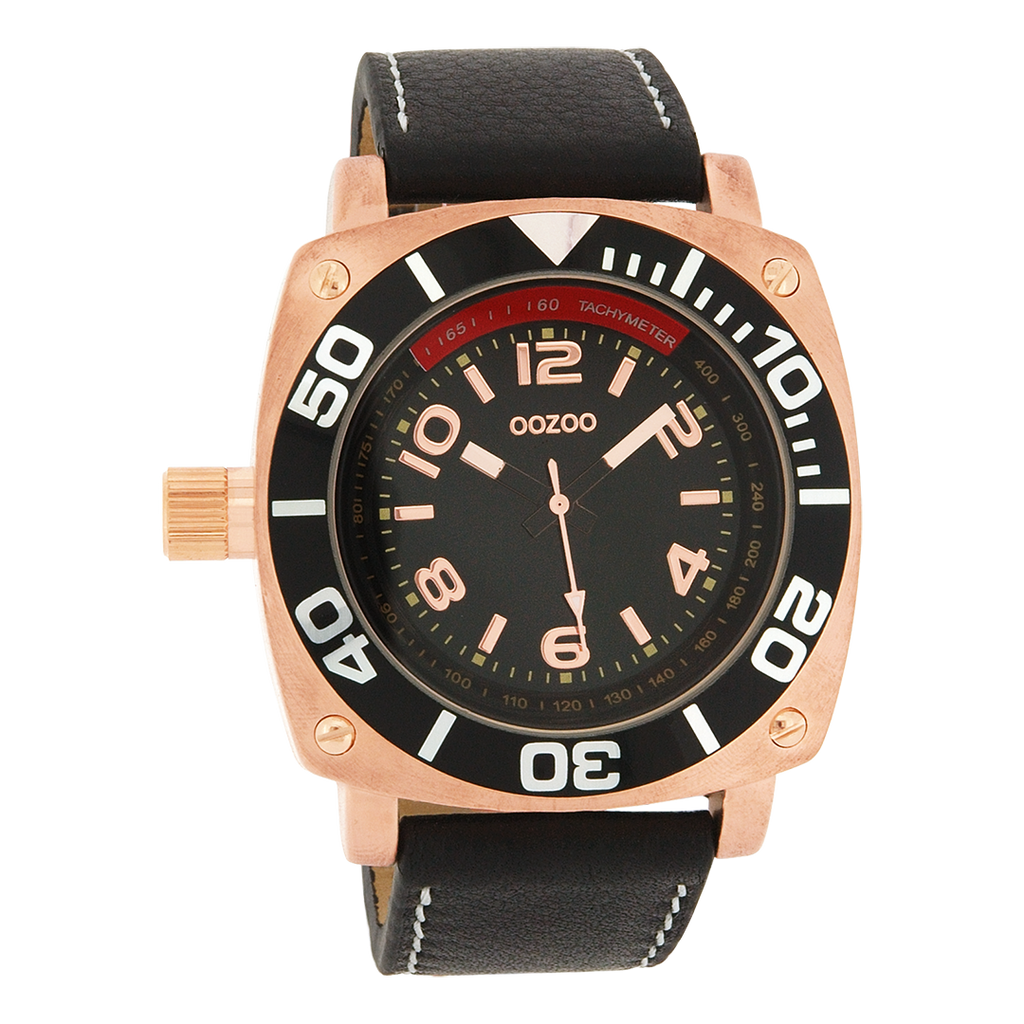 OOZOO Montre en couleur or rose avec bracelet en cuir en noir - C2282