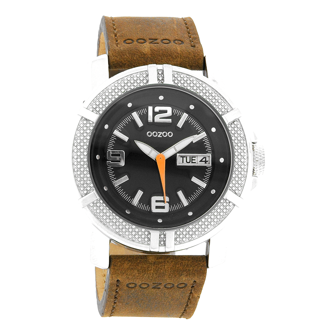 Zilverkleurige OOZOO horloge met cognac leren band - C4107