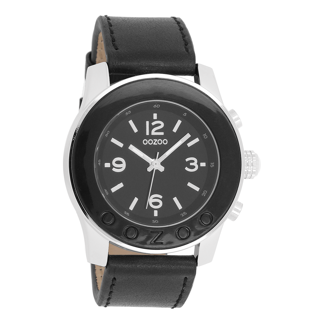 Zilverkleurige OOZOO horloge met zwarte leren band - C4569