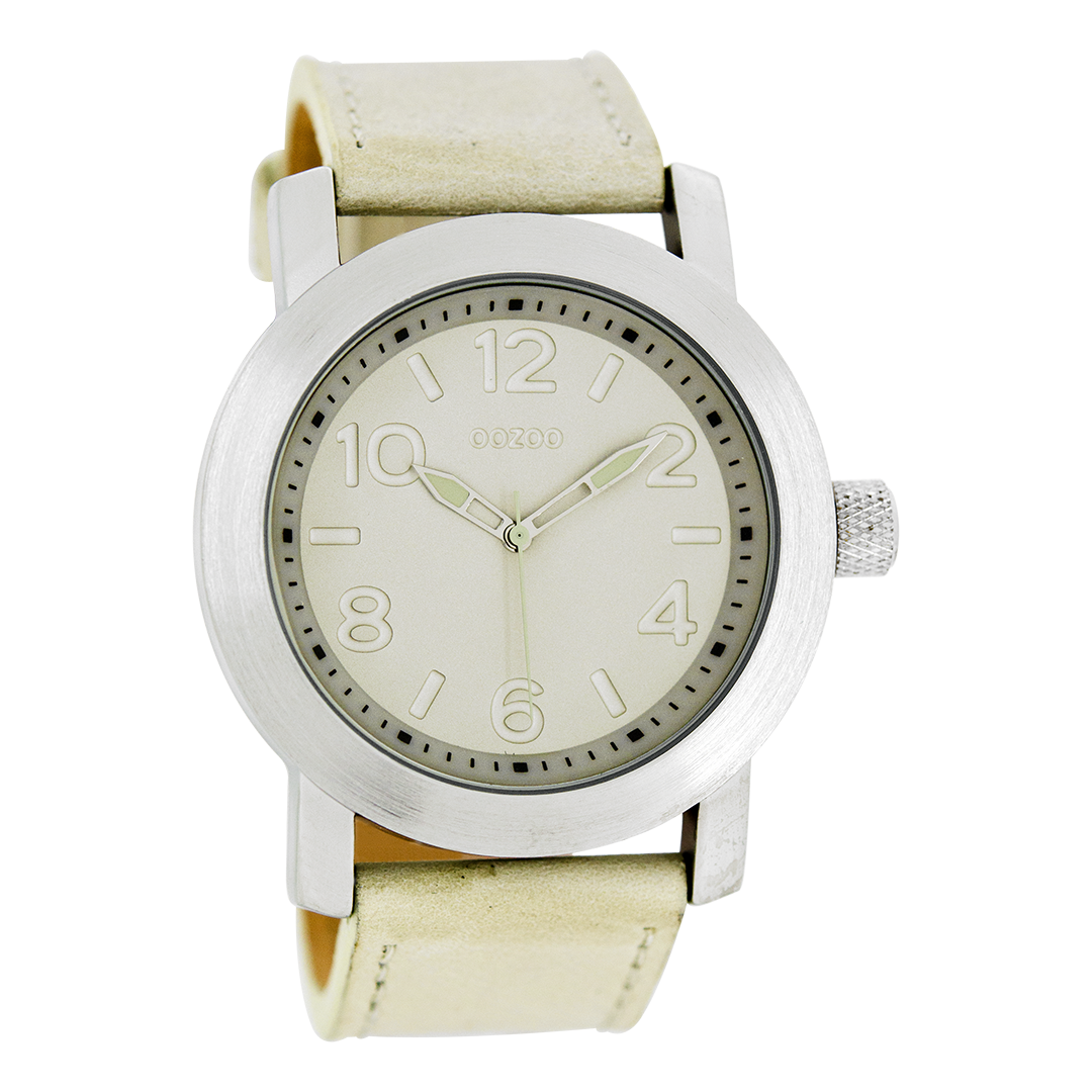 Zilverkleurige OOZOO horloge met beige leren band - C5150