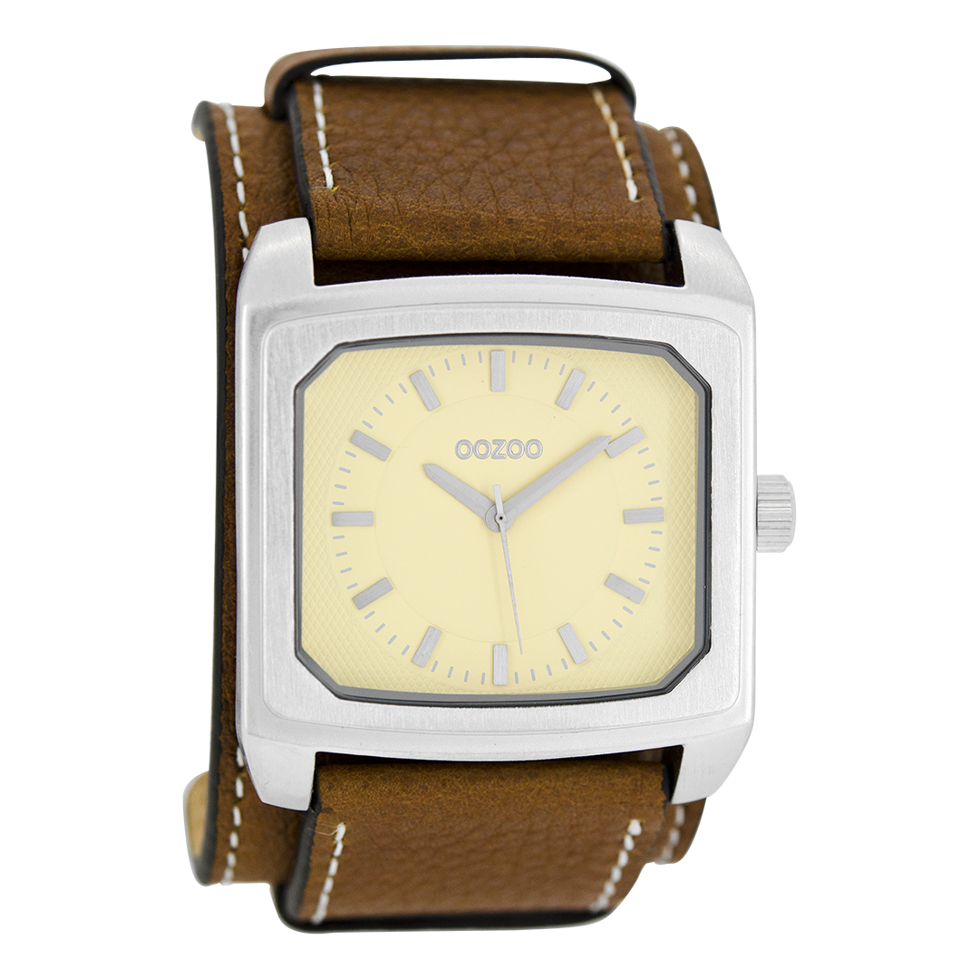 OOZOO Montre en couleur argent avec bracelet en cuir en cognac - C5211