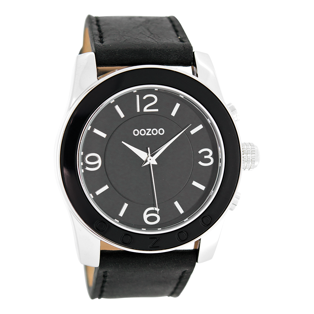 Zilverkleurige OOZOO horloge met zwarte leren band - C5390