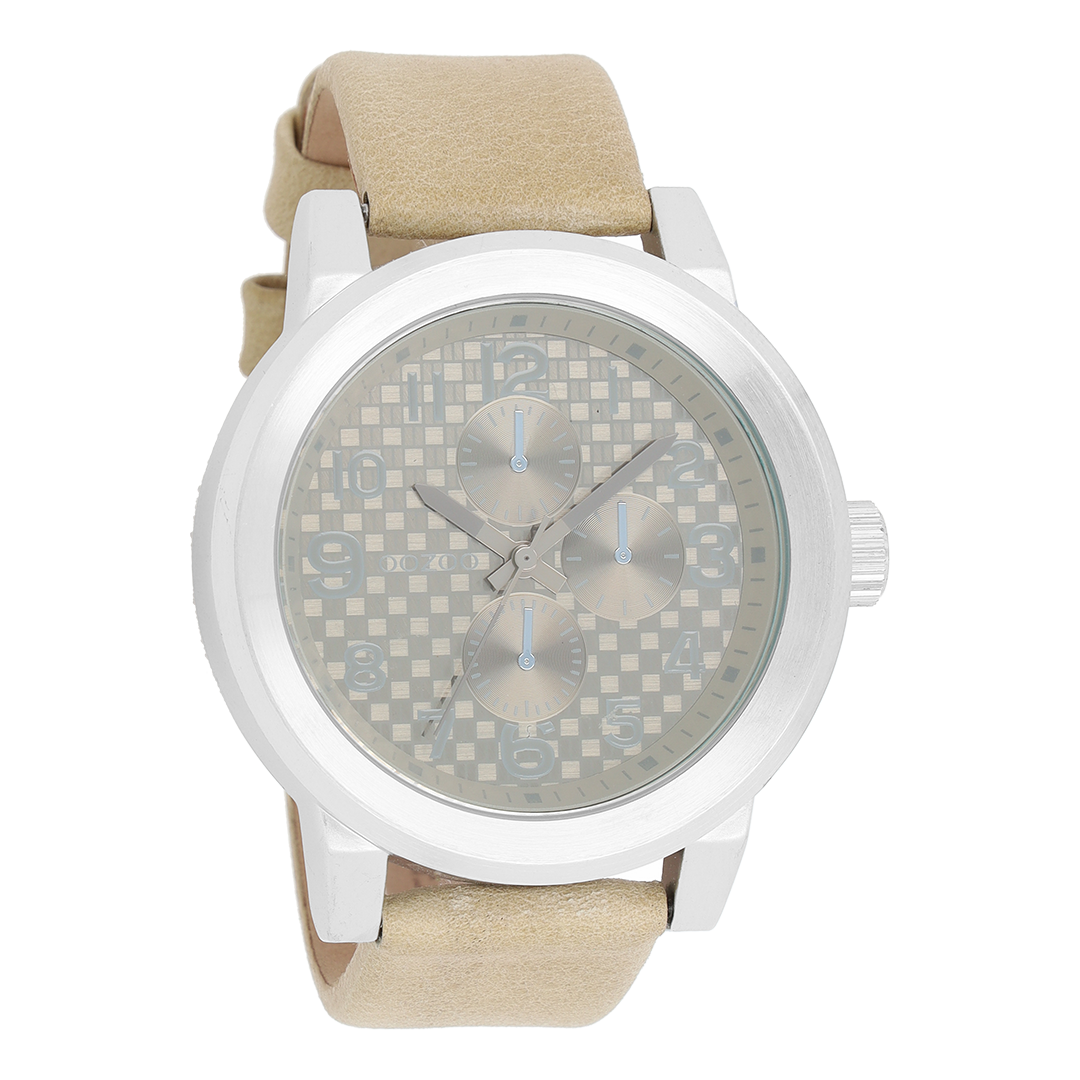 Zilverkleurige OOZOO horloge met beige leren band - C5581