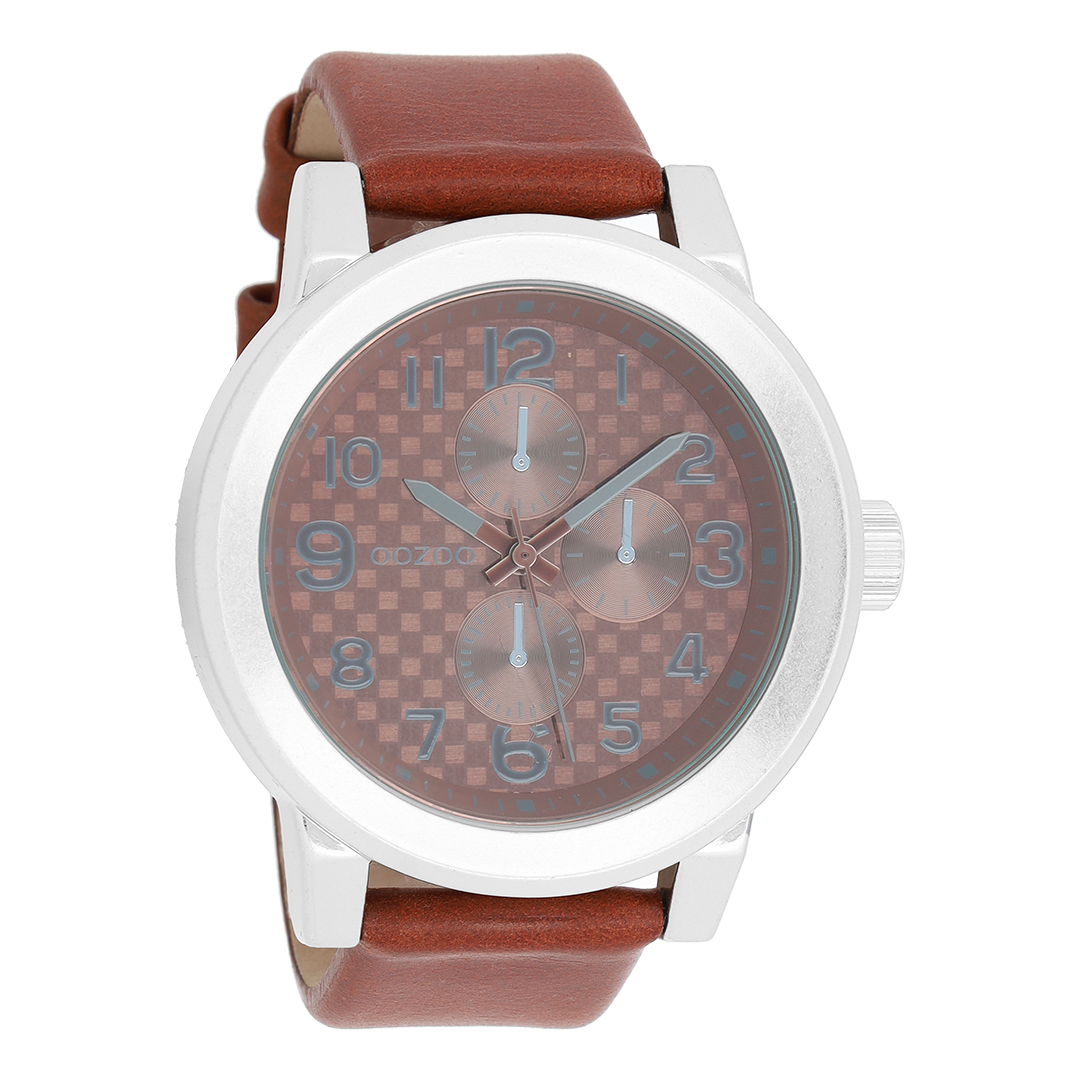 Zilverkleurige OOZOO horloge met bruine leren band - C5582