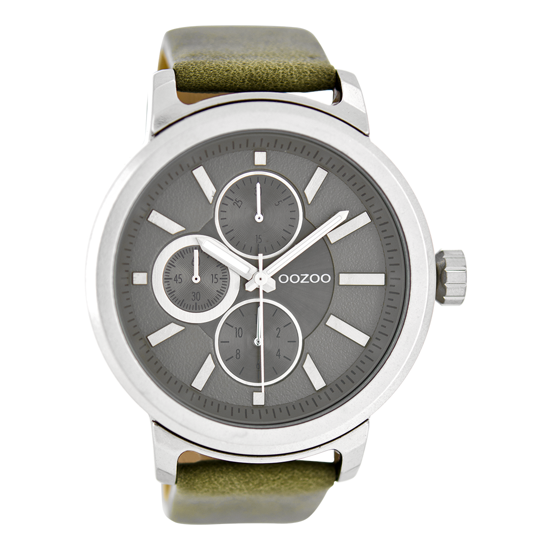 Zilverkleurige OOZOO horloge met groen grijze leren band - C6066