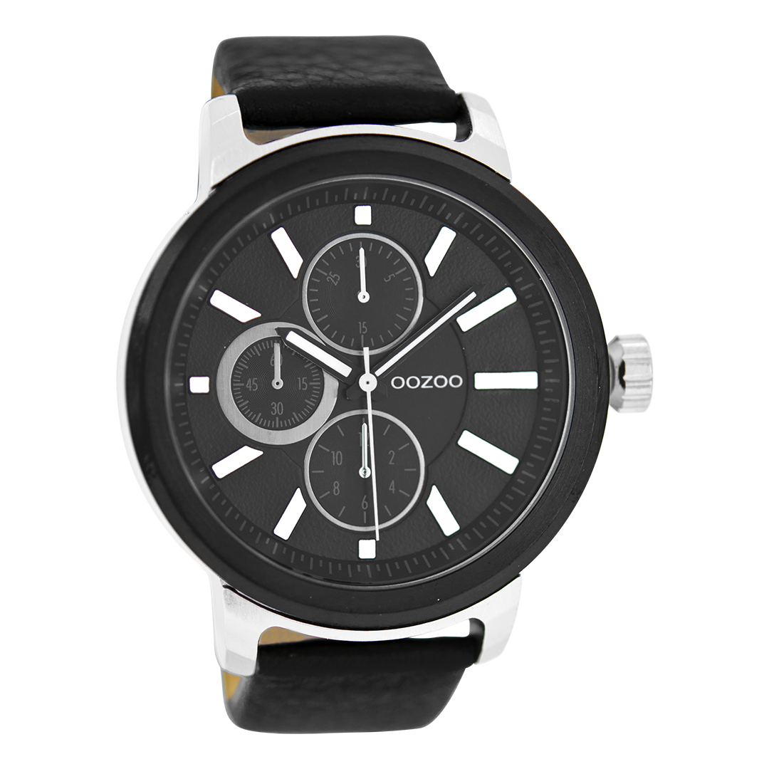 Zilverkleurige OOZOO horloge met zwarte leren band - C6069