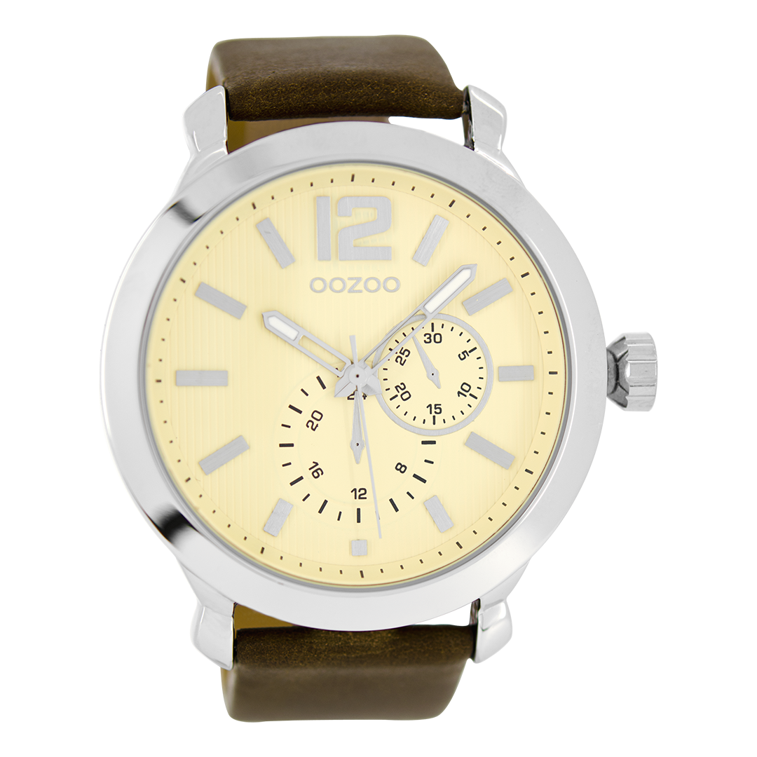 Zilverkleurige OOZOO horloge met donker bruine leren band - C6076