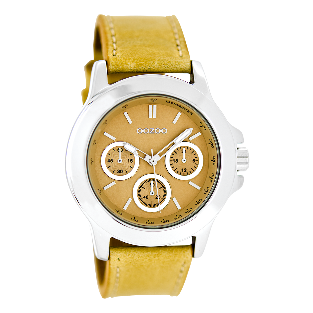 Zilverkleurige OOZOO horloge met beige leren band - C6185