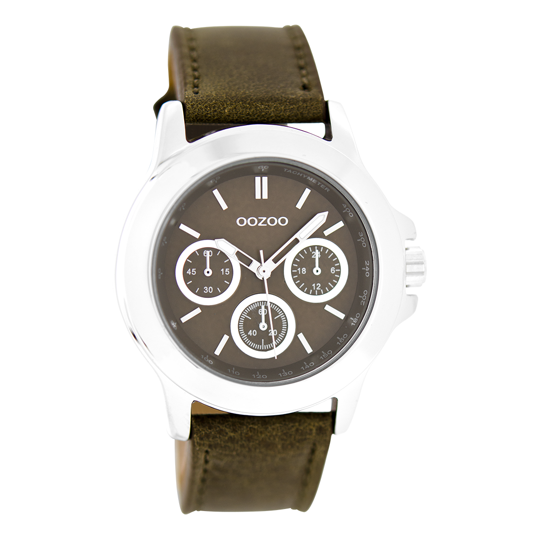 Zilverkleurige OOZOO horloge met donker bruine leren band - C6187