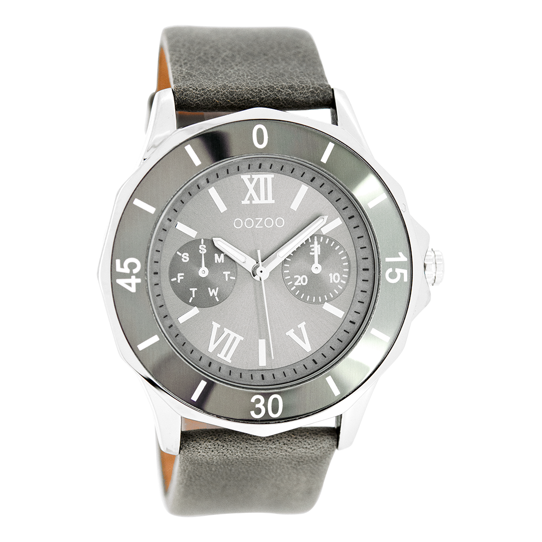 Zilverkleurige OOZOO horloge met grijze leren band - C6258