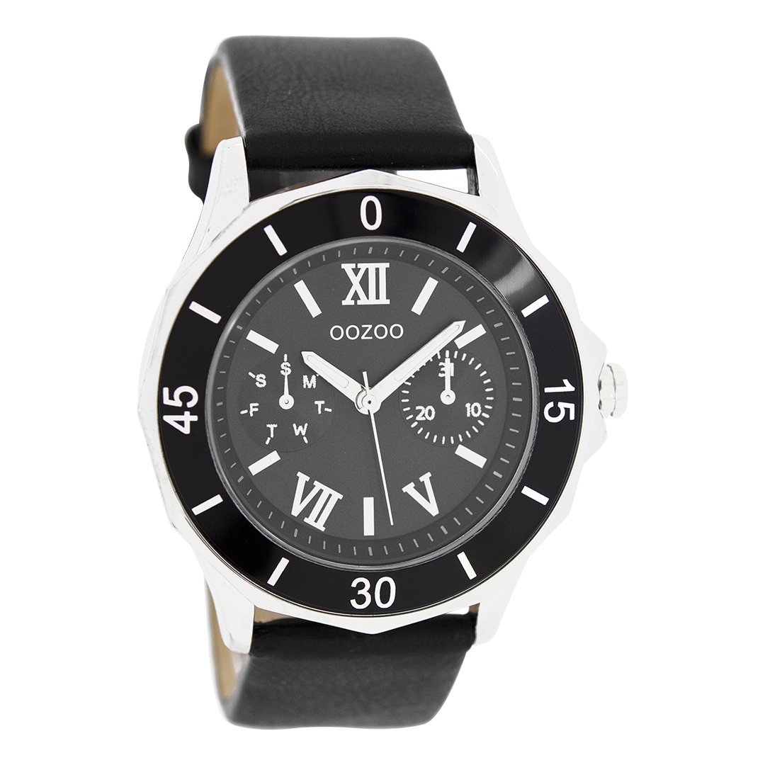 Zilverkleurige OOZOO horloge met zwarte leren band - C6259
