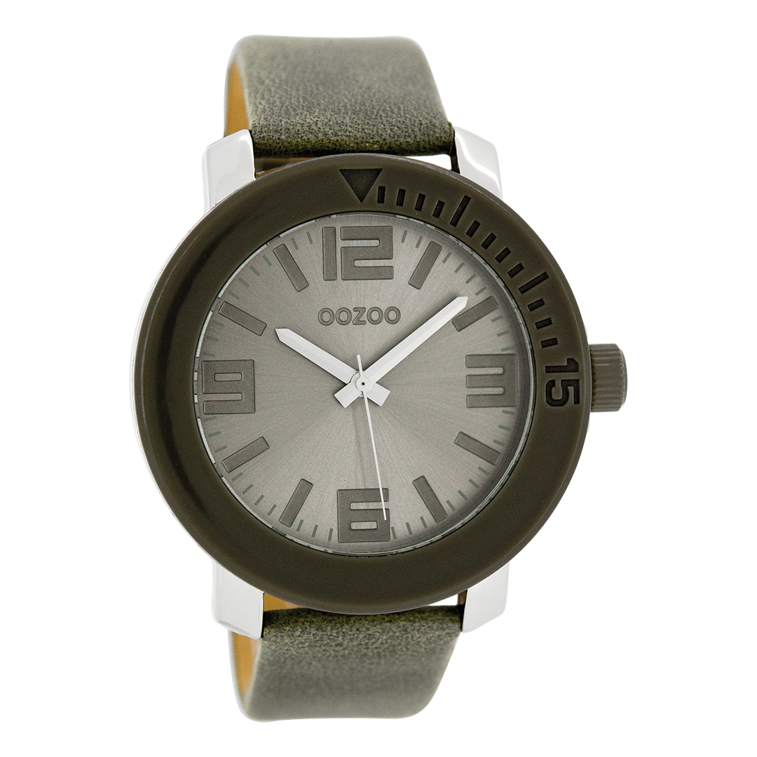 Zilverkleurige OOZOO horloge met grijze leren band - C6263