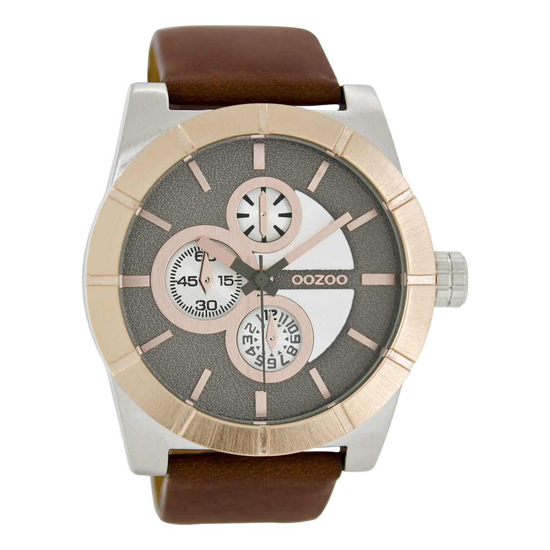 Zilverkleurige OOZOO horloge met bruine leren band - C6432