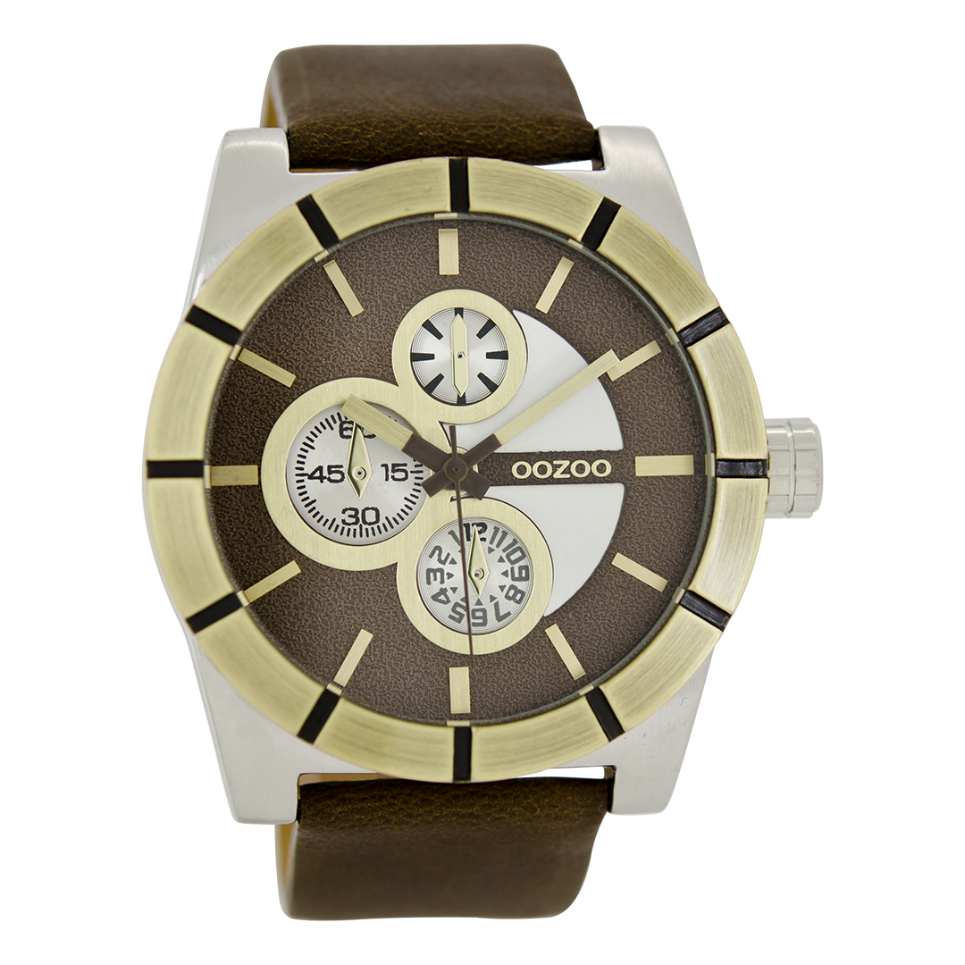 Zilverkleurige OOZOO horloge met donker bruine leren band - C6433