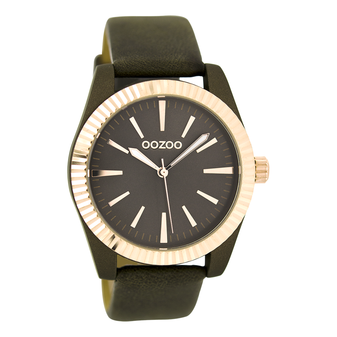 OOZOO Montre en couleur or rose avec bracelet en cuir en marron foncé - C6518