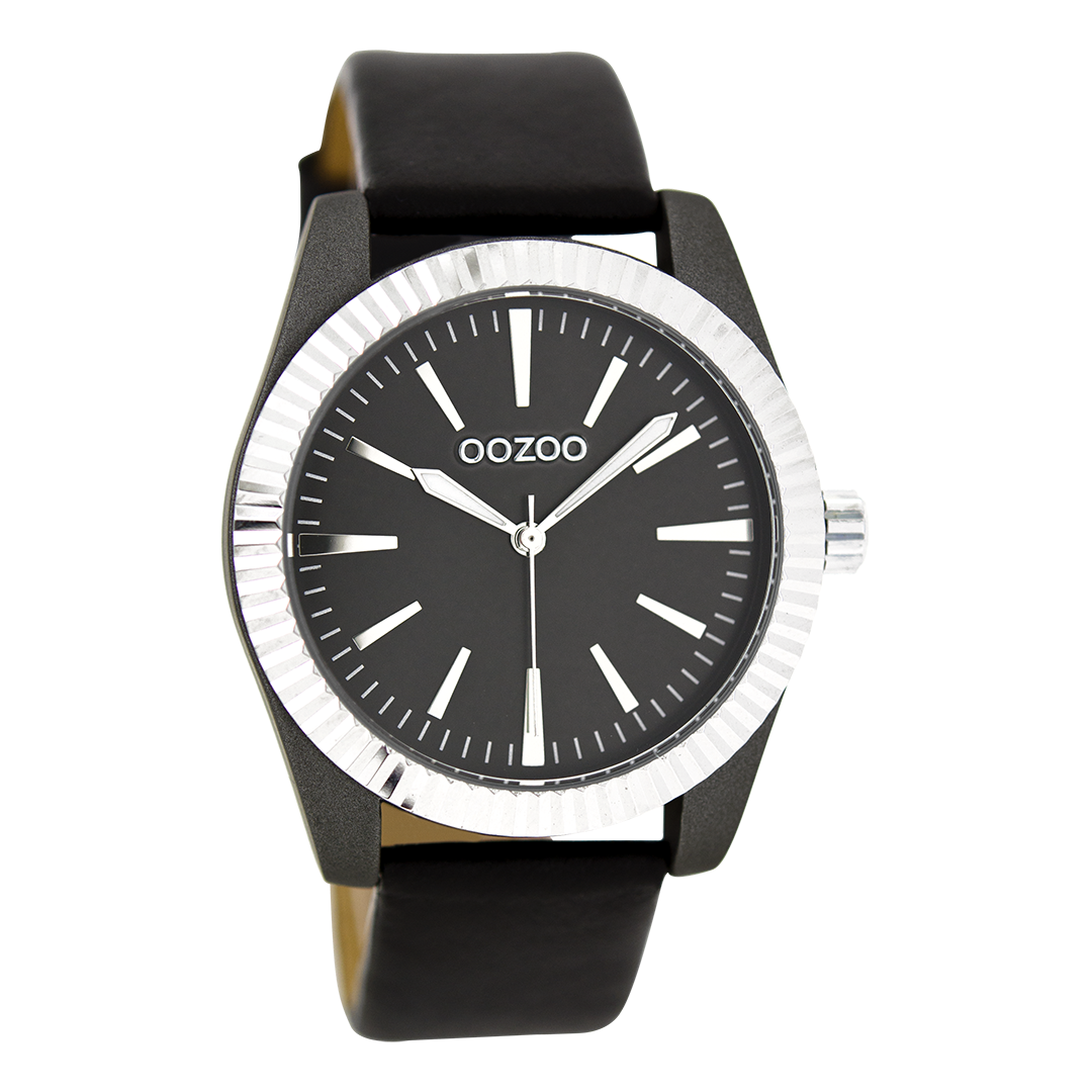 OOZOO Montre en couleur argent avec bracelet en cuir en noir - C6519