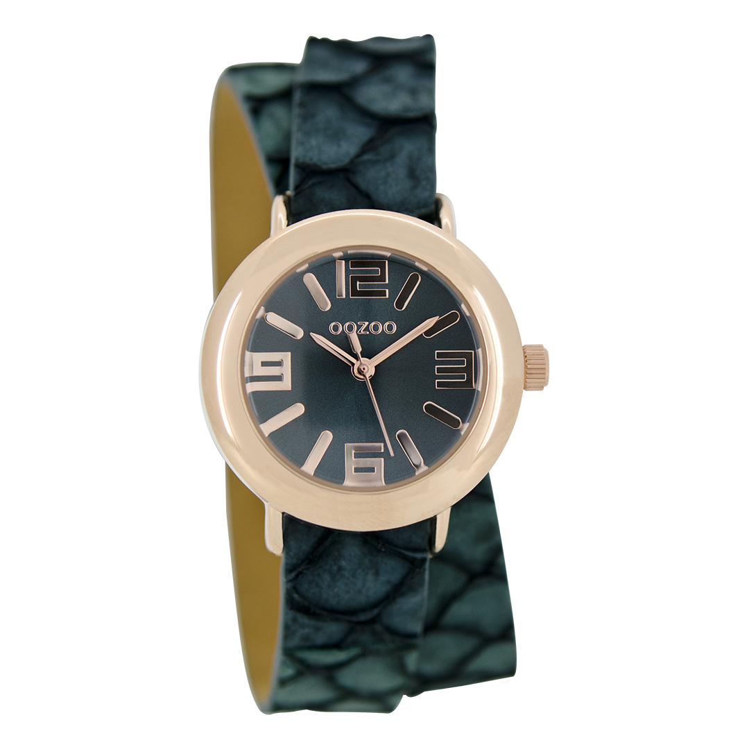 Rosé goudkleurige OOZOO horloge met aqua groene leren band - C6543