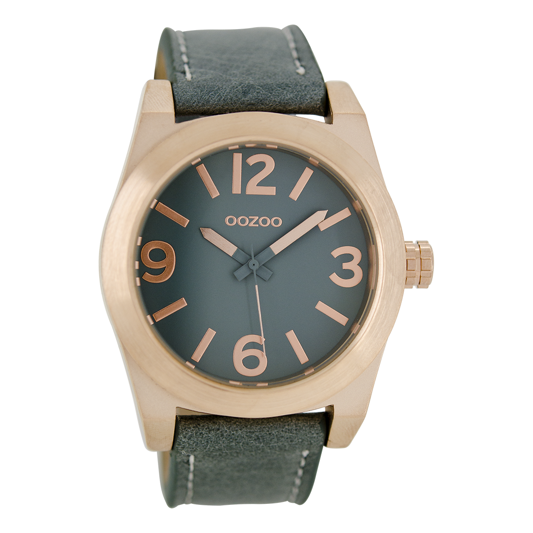 Rosé goudkleurige OOZOO horloge met aqua grijze leren band - C6736
