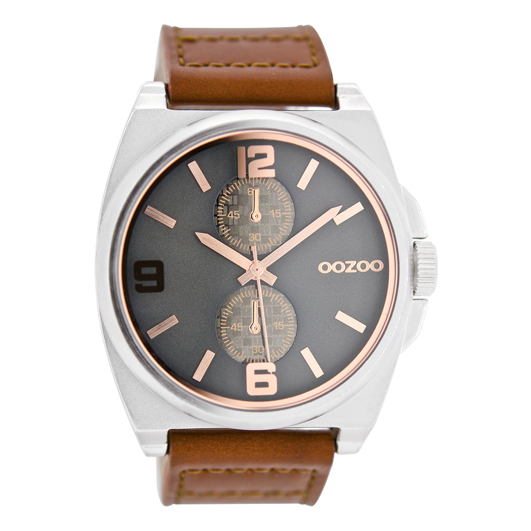Silver coloured OOZOO watch with brown leather strap - C6757
