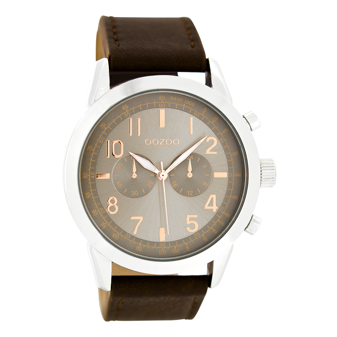 Zilverkleurige OOZOO horloge met donker bruine leren band - C6885