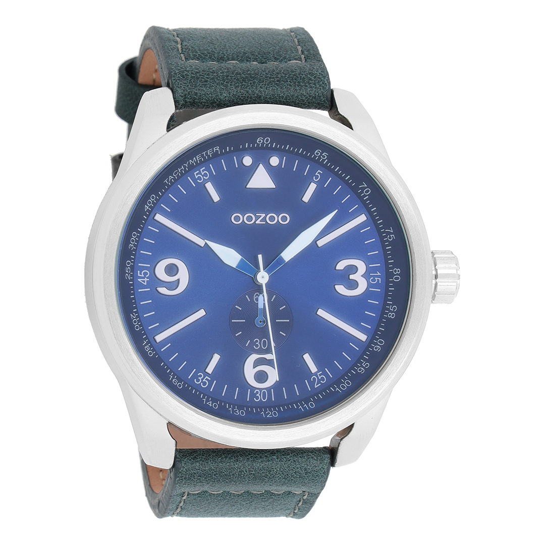 OOZOO Montre en couleur argent avec bracelet en cuir en bleu - C7067