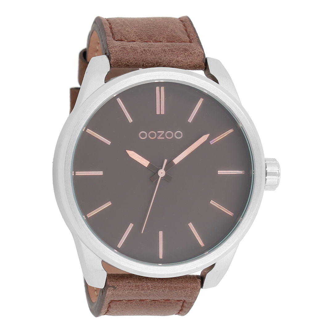 OOZOO Montre en couleur argent avec bracelet en cuir en marron foncé - C7073