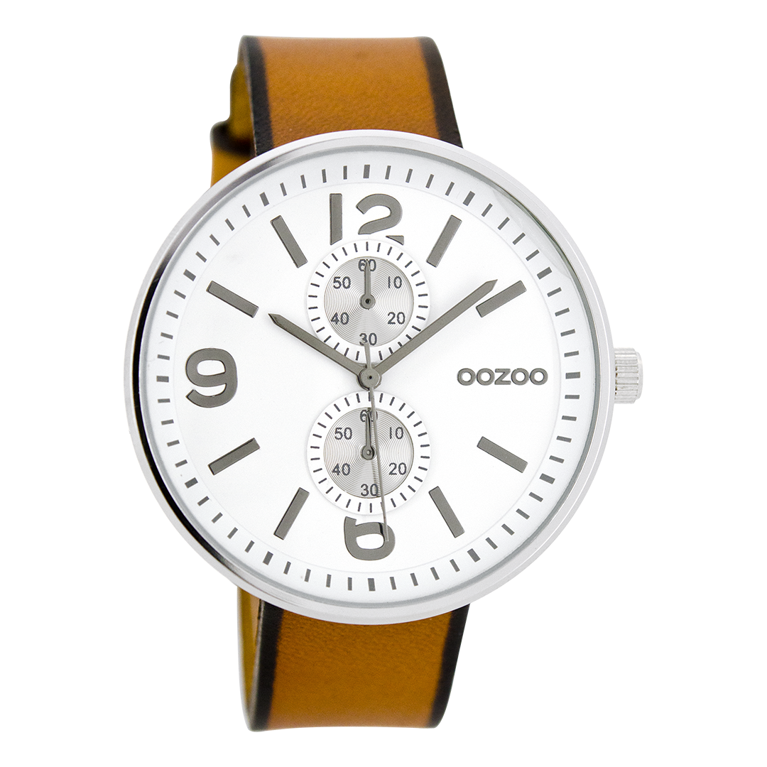 OOZOO Montre en couleur argent avec bracelet en cuir en cognac - C7075