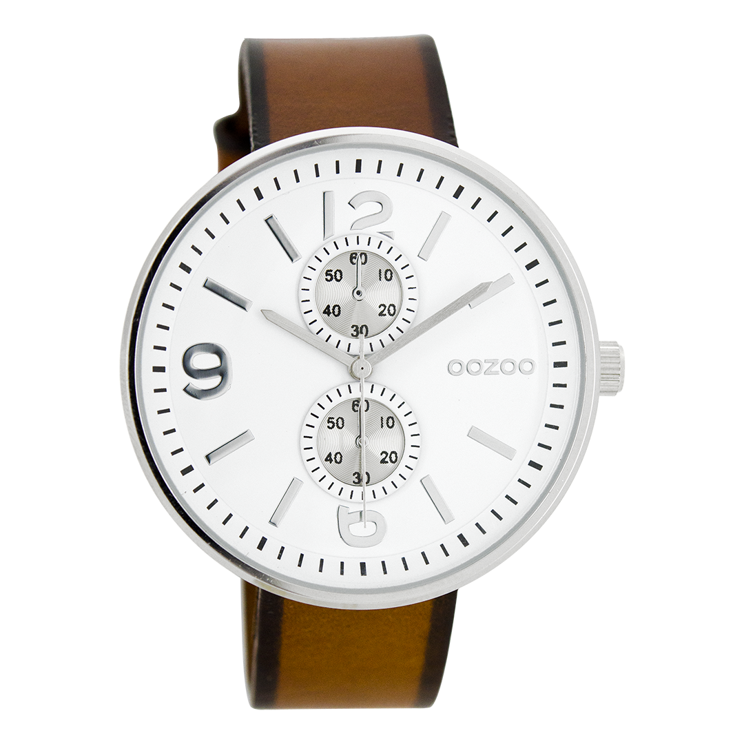 OOZOO Montre en couleur argent avec bracelet en cuir en cognac - C7076