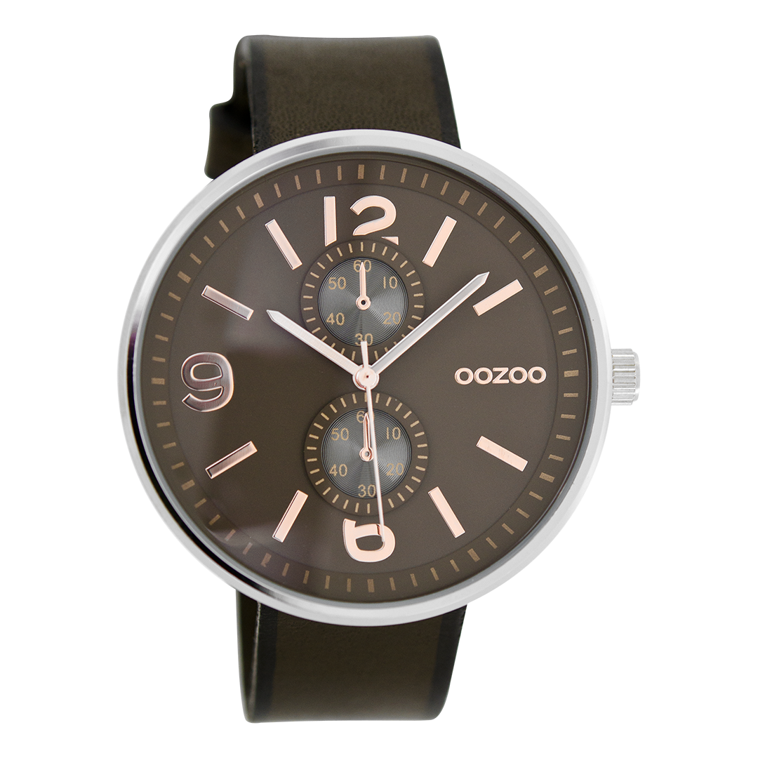 OOZOO Montre en couleur argent avec bracelet en cuir en marron foncé - C7078