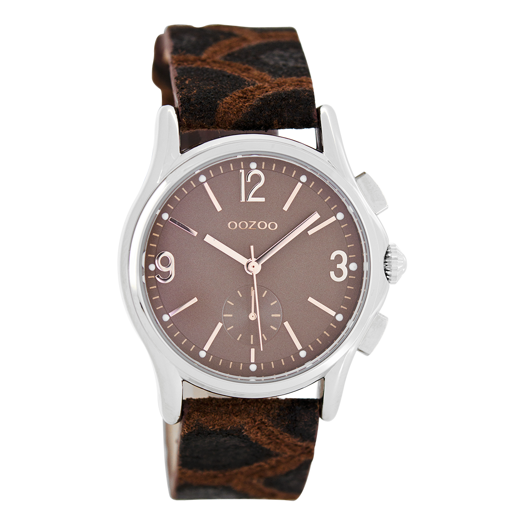 Zilverkleurige OOZOO horloge met bruine leren band - C7229
