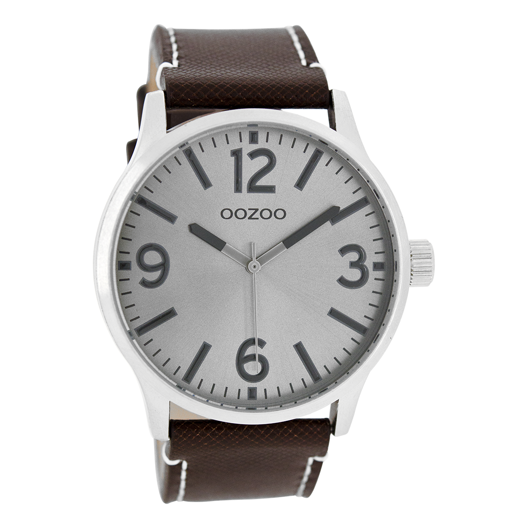 Zilverkleurige OOZOO horloge met donker bruine leren band - C7407