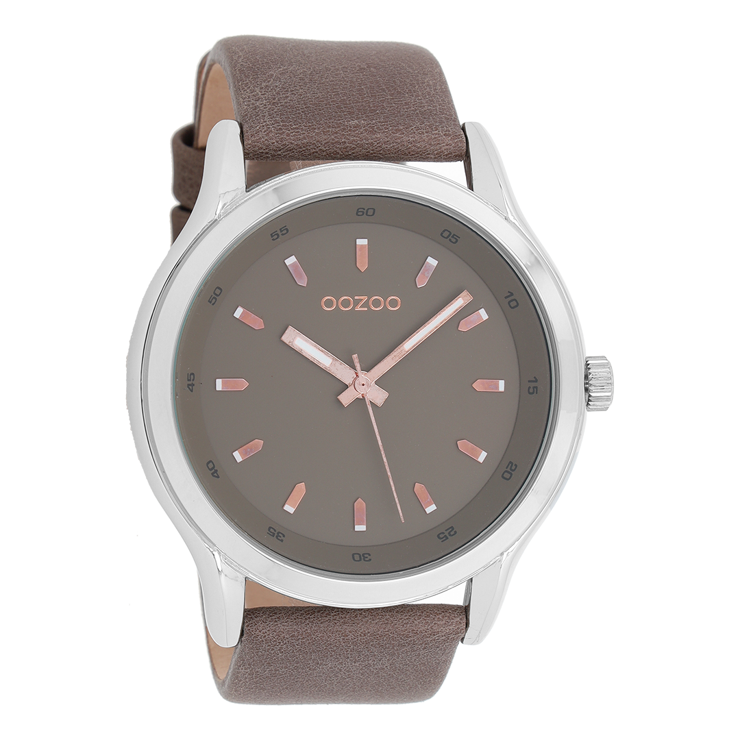 OOZOO Montre en couleur argent avec bracelet en cuir en marron foncé - C7433