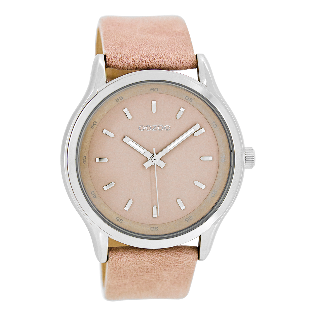 Zilverkleurige OOZOO horloge met roze leren band - C7436