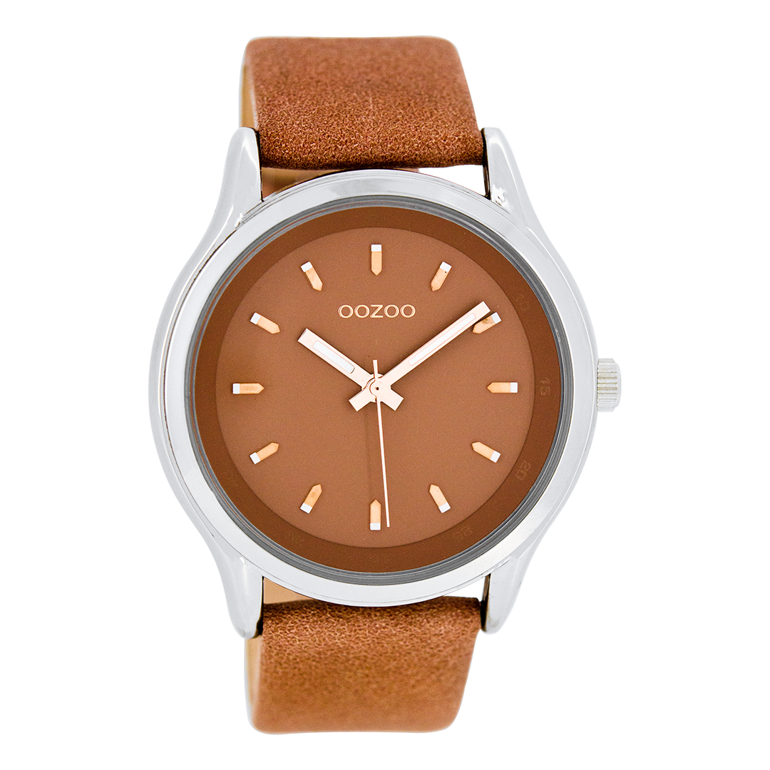 Zilverkleurige OOZOO horloge met poeder oranje leren band - C7437